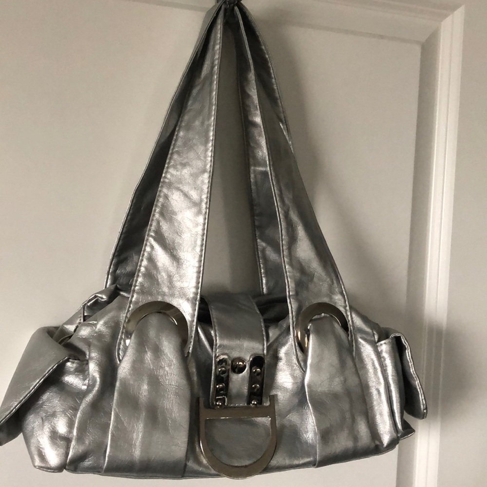 Metallic Silver Mini Shoulder Bag with Decorative Hardware